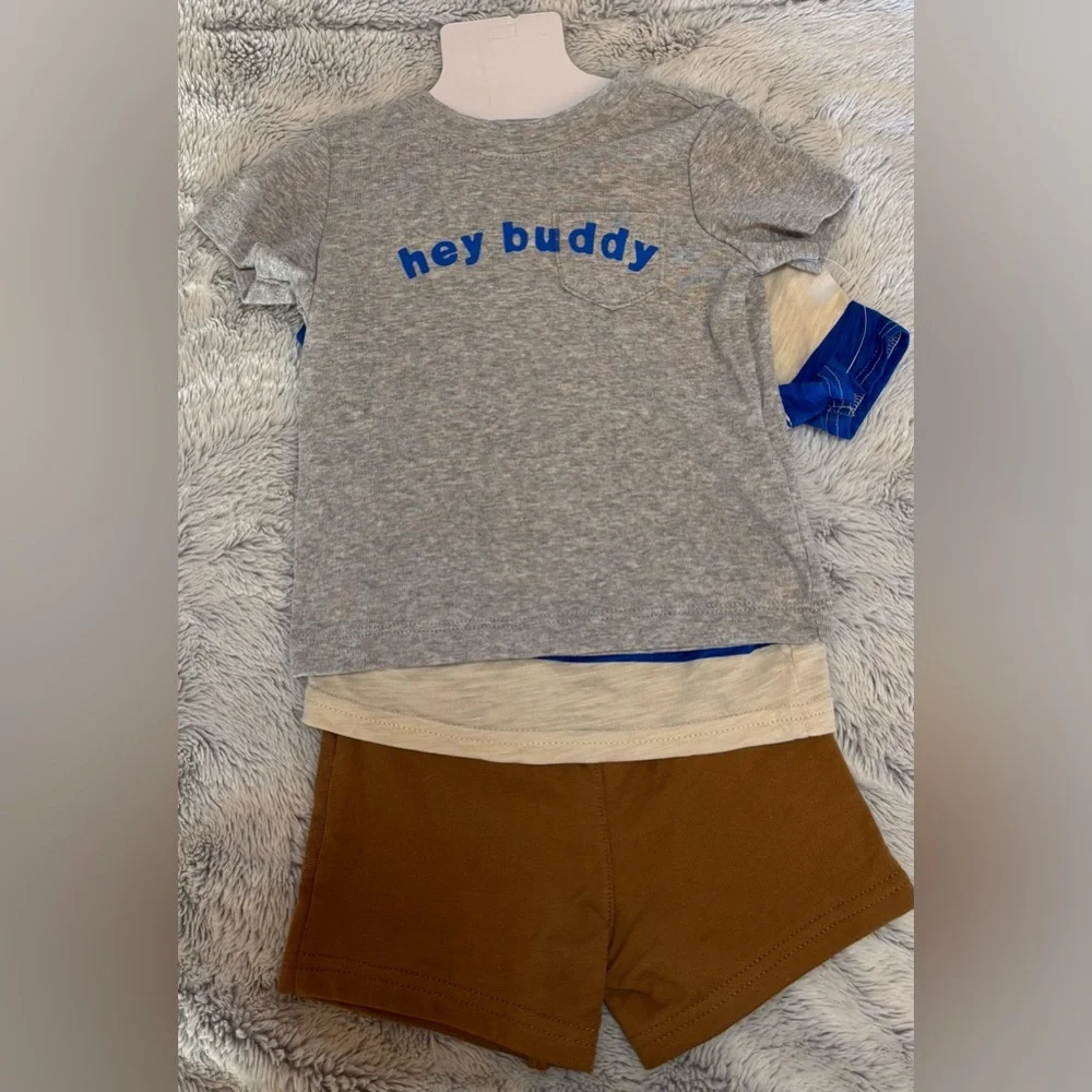 Carter's 3 pc set, Blue Striped Tee, Knit Shorts & gray t-shirt, size 9 mos